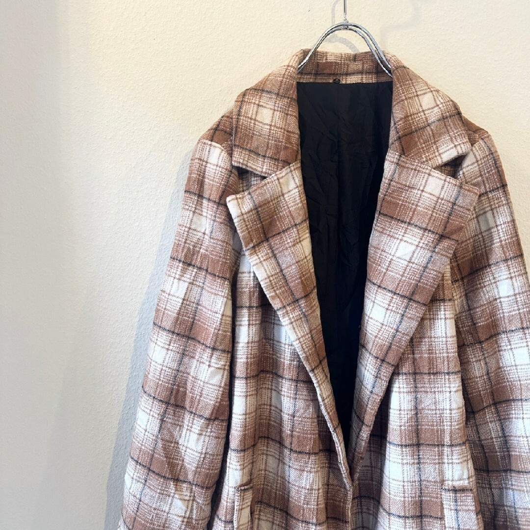 ウール　ジャケット　コート　チェック柄　ブラウン レディースのジャケット/アウター(その他)の商品写真