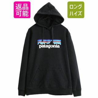 パタゴニア(patagonia)の19年製 パタゴニア プリント スウェット フード パーカー メンズ L Patagonia トレーナー プルオーバー フィッツロイ アウトドア 裏起毛 黒(パーカー)