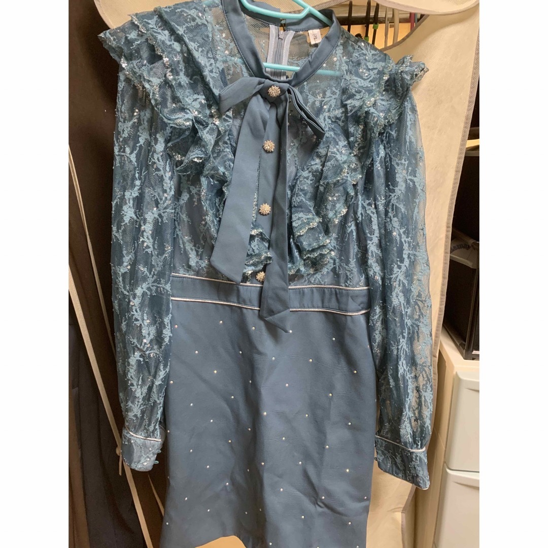 dazzy store(デイジーストア)の韓国 インポート レース袖付きブルードレス L レディースのフォーマル/ドレス(ミニドレス)の商品写真