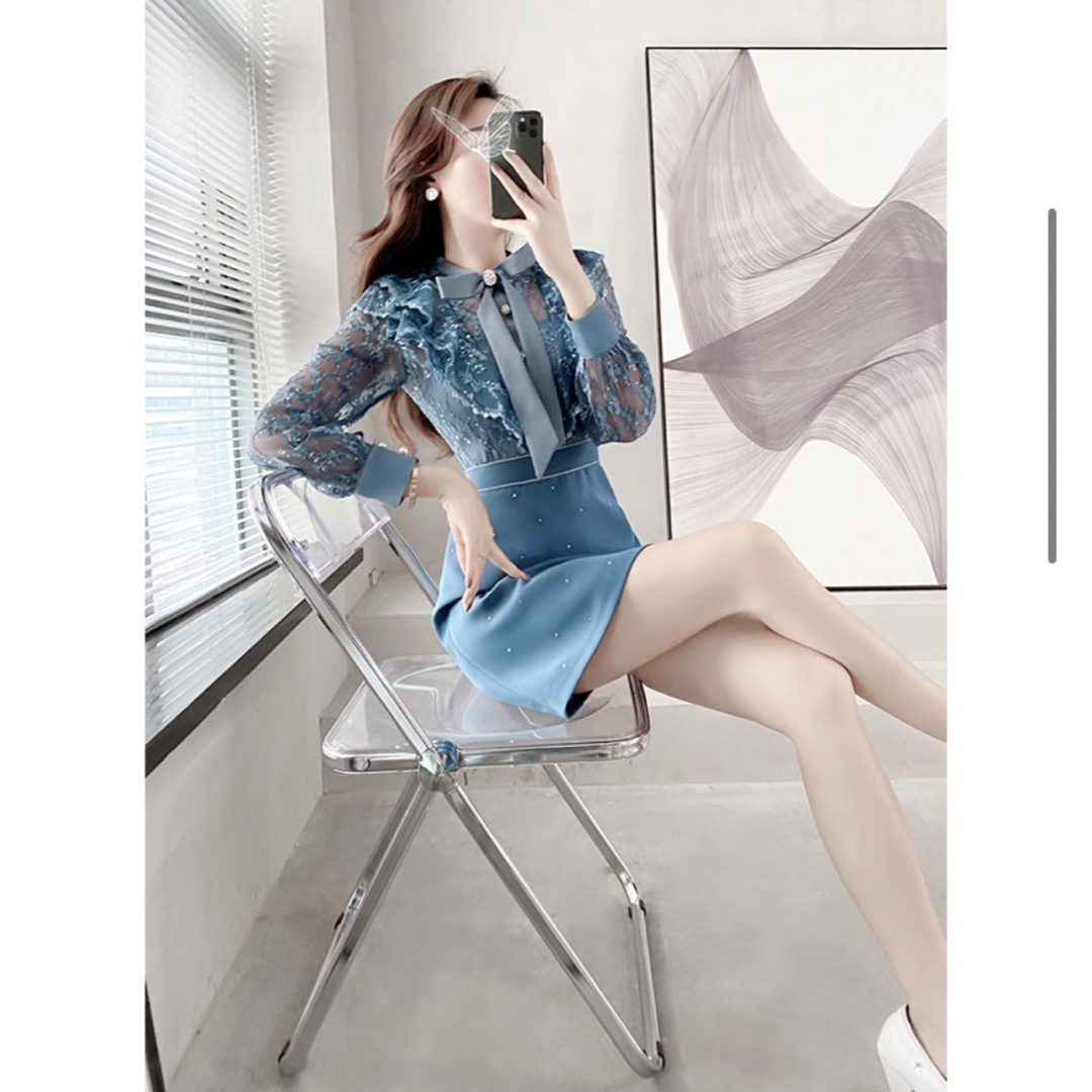 dazzy store(デイジーストア)の韓国 インポート レース袖付きブルードレス L レディースのフォーマル/ドレス(ミニドレス)の商品写真