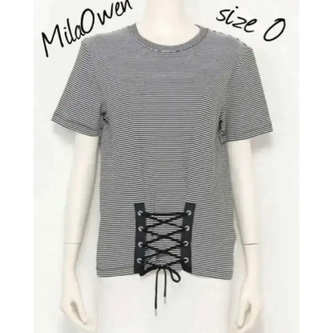 Mila Owen(ミラオーウェン)のMila Owen 編み上げボーダー　Tシャツ　レディース　半袖トップス レディースのトップス(Tシャツ(半袖/袖なし))の商品写真