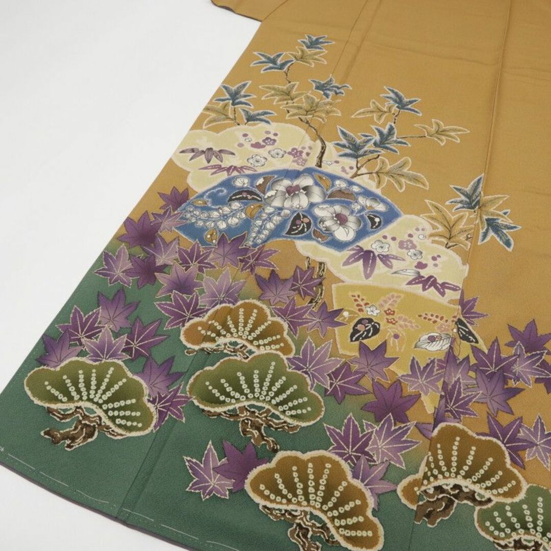 訪問着□花井幸子◇雲文地紙に吉祥文様松竹梅□黄唐茶◇袷正絹 訪問着□花井幸子◇雲文地紙に吉祥文様松竹梅□黄唐茶◇袷正絹