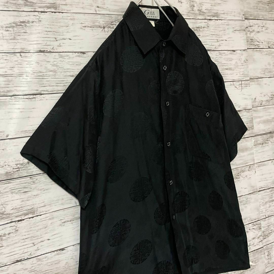 シルクシャツ 半袖シャツ 総柄 中国 黒 古着 夏 ユニセックス メンズのトップス(シャツ)の商品写真