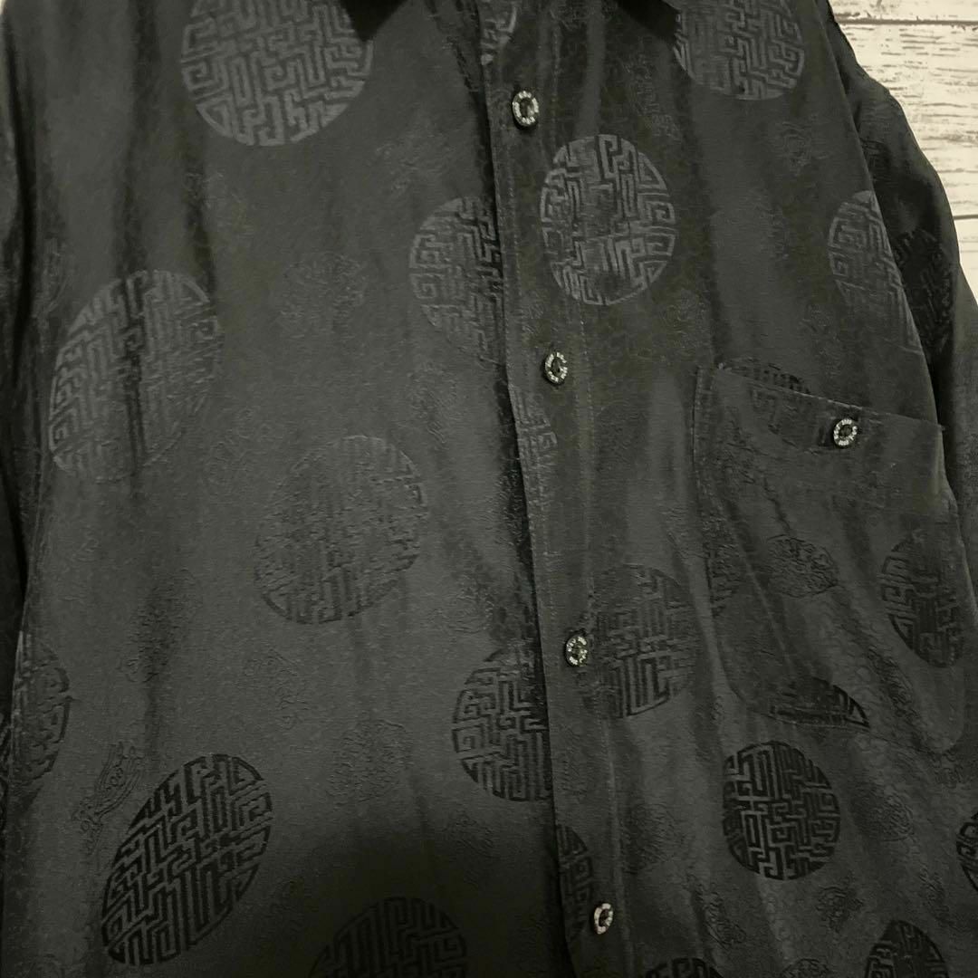 シルクシャツ 半袖シャツ 総柄 中国 黒 古着 夏 ユニセックス メンズのトップス(シャツ)の商品写真