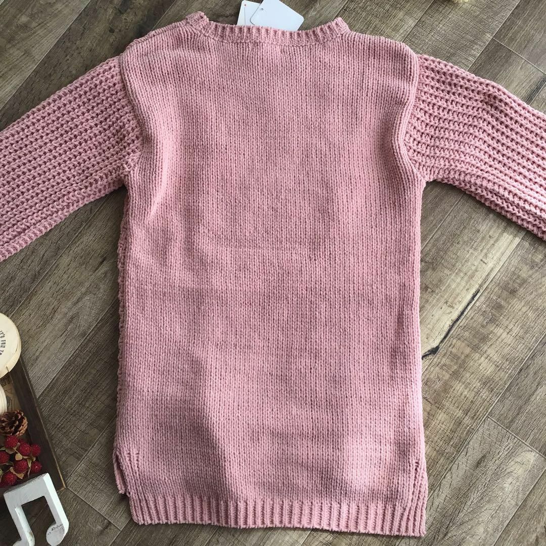 【120】モール ニット 長袖 ワンピース ピンク キッズ/ベビー/マタニティのキッズ服女の子用(90cm~)(ワンピース)の商品写真