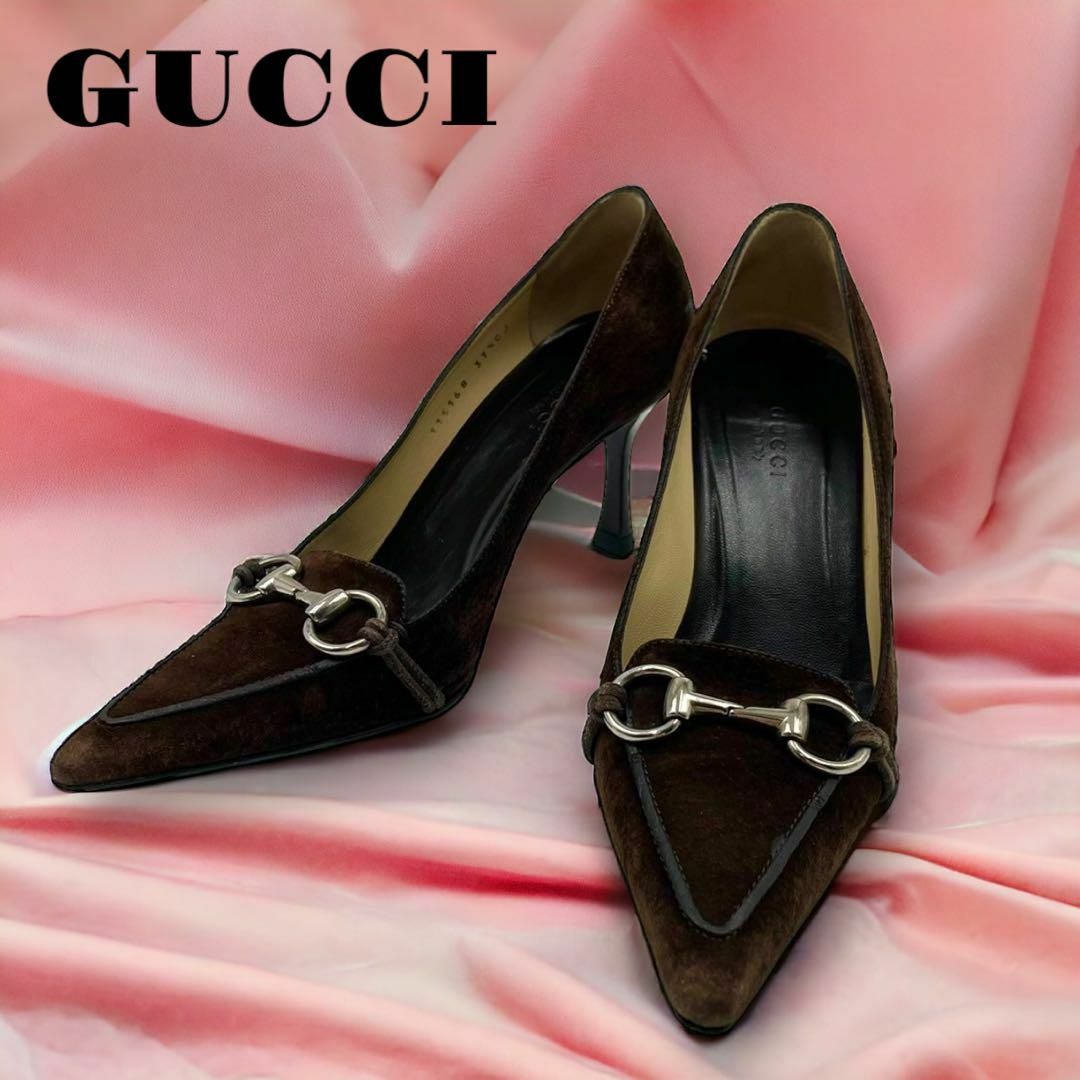 Gucci(グッチ)の美品 GUCCI ハイヒール パンプス ホースビットスエード 茶 24.5㎝ レディースの靴/シューズ(ハイヒール/パンプス)の商品写真