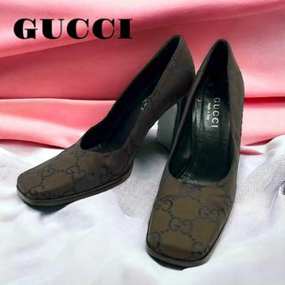 グッチ(Gucci)の良品 GUCCI パンプス ヒール スクエアトゥ GG柄 ブラウン 23.5㎝(ハイヒール/パンプス)