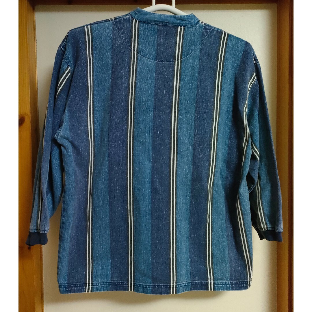 フェイデッドグローリー ノーカラーデニムシャツ ストライプ プルオーバー 七分袖 メンズのトップス(シャツ)の商品写真