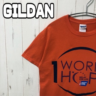 ギルタン(GILDAN)のGILDAN ギルダン 両面プリント Tシャツ 半袖 オレンジ Sサイズ 古着(Tシャツ/カットソー(半袖/袖なし))