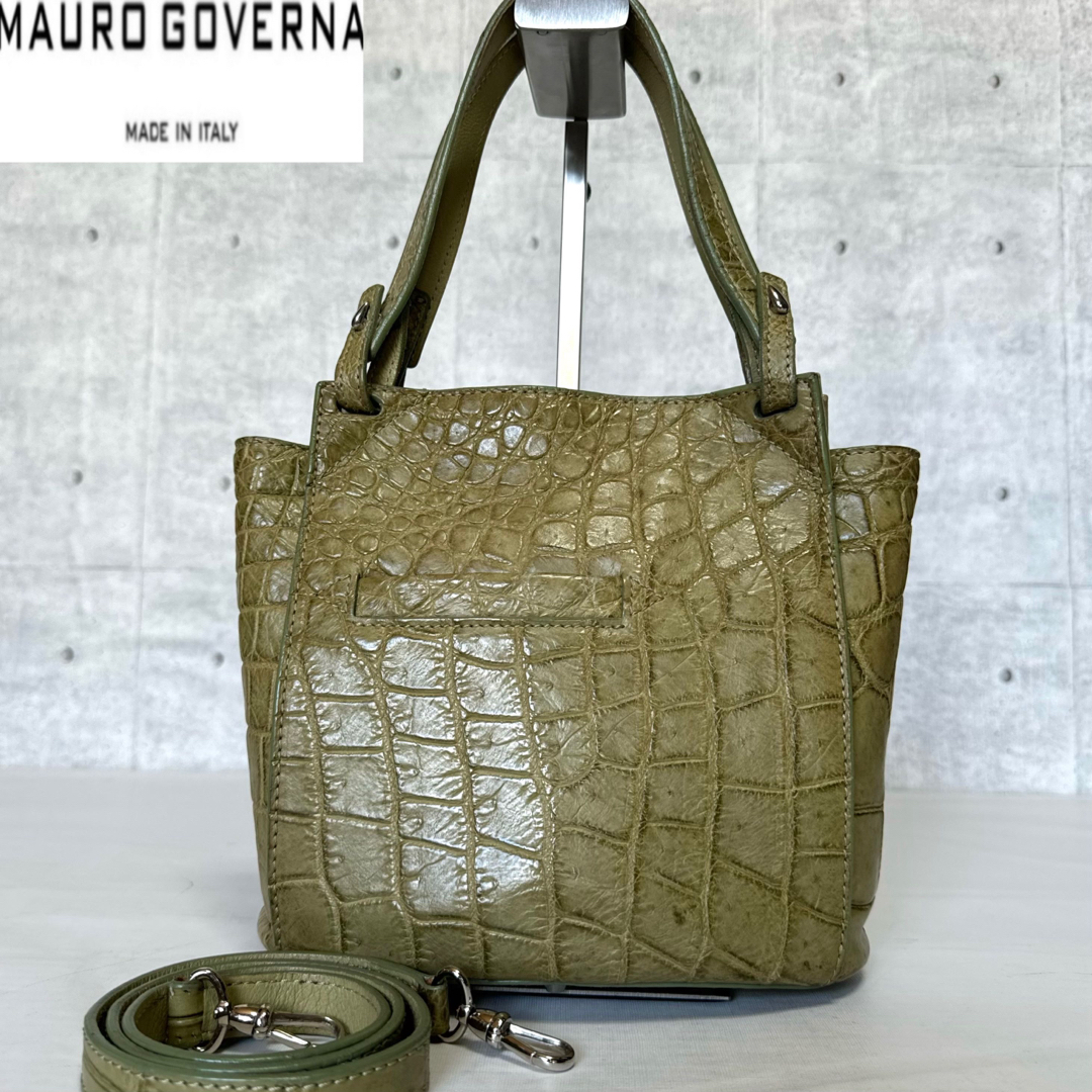 MAURO GOVERNA】イエローカーキ クロコダイル 2WAYハンドバッグ MAURO GOVERNA】イエローカーキ クロコダイル 2WAYハンドバッグ