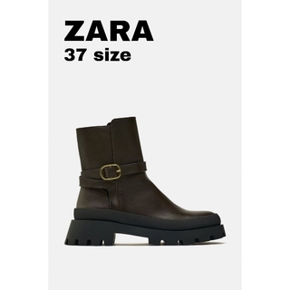 ザラ(ZARA)のZARA　トラックソールフラットリアルレザーアンクルブーツ　37サイズ　ブラウン(ブーツ)