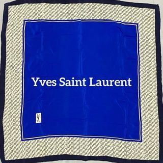 イヴサンローラン(Yves Saint Laurent)の★イヴサンローラン★ スカーフ 英字ロゴ スクエア シルク ネイビー ブルー(バンダナ/スカーフ)