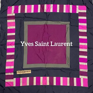 イヴサンローラン(Yves Saint Laurent)の★イヴサンローラン★ スカーフ ボーダー スクエア シルク ネイビー パープル(バンダナ/スカーフ)