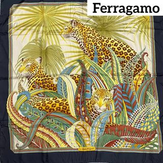 サルヴァトーレフェラガモ(Salvatore Ferragamo)の美品 ★Ferragamo★ スカーフ 大判 レオパード ヒョウ ネイビー(バンダナ/スカーフ)