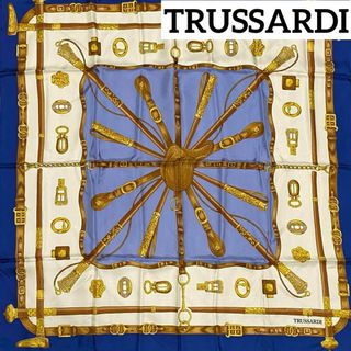 トラサルディ(Trussardi)の美品 ★TRUSSARDI★ スカーフ 大判 ステッキ シルク ブルー ホワイト(バンダナ/スカーフ)