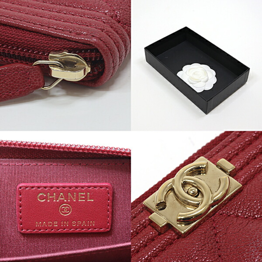 CHANEL(シャネル)のシャネル CHANEL ボーイシャネル カードケース レッド系 ゴールド金具 シリアルシール有 キャビアスキン【中古】Aランク レディースのファッション小物(財布)の商品写真