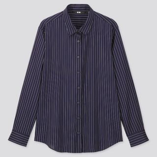 ユニクロ(UNIQLO)のユニクロ　レーヨン ストライプ　ブラウス（長袖）　シャツ　ホワイト×ネイビー　L(シャツ/ブラウス(長袖/七分))