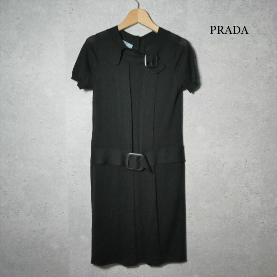 PRADA(プラダ)のほぼ美品 プラダ シルク混 クルーネック 半袖 膝丈 ニット シャツワンピース レディースのワンピース(ひざ丈ワンピース)の商品写真