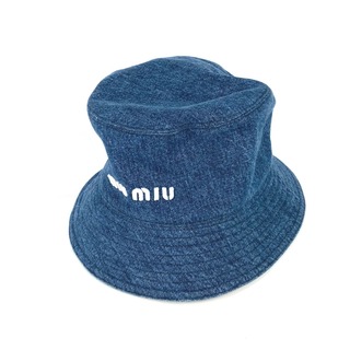 ミュウミュウ(miumiu)のミュウミュウ MIUMIU ロゴ 5HC196 デニム ハット帽 帽子 バケットハット ボブハット ハット コットン ブルー 美品(ハット)