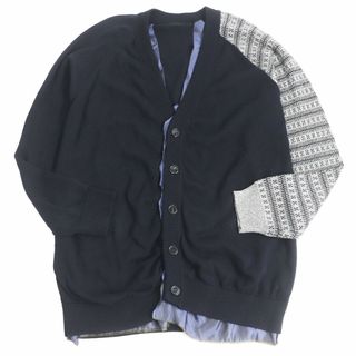 RAF SIMONS - 美品□RAF SIMONS/ラフシモンズ コントラストスリーブ レイヤードデザイン ロゴボタン オーバーサイズ ニットカーディガン 紺 M 伊製 正規