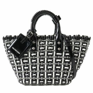 バレンシアガ(Balenciaga)の極美品△BALENCIAGA バレンシアガ 671342 ビストロ バスケットバッグ XS エナメル 2WAY ハンド／ショルダーバック 黒×白×グレー 保存袋付(ハンドバッグ)