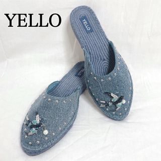 イエロー(yellaw)のYELLO デニム ミュール サンダル エンブレム ビジュー パール フラット(サンダル)