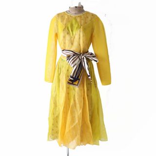 フェンディ(FENDI)の未使用品◎正規品 イタリア製 FENDI フェンディ 19AW FDA660 スカーフベルト付 Yellow Monogrammed Dress シースルー ロングワンピース 42(ロングワンピース/マキシワンピース)