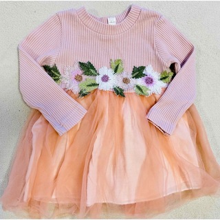 ベビー服 ベビードレス ワンピース 長袖 ピンク 刺繍 チュール スカート 70(ワンピース)