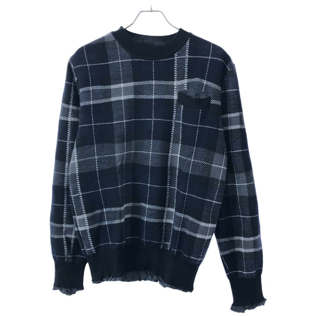 sacai(サカイ)のsacai サカイ 15AW チェック柄ウールニットセーター ネイビー 2 15-00916M メンズのトップス(ニット/セーター)の商品写真