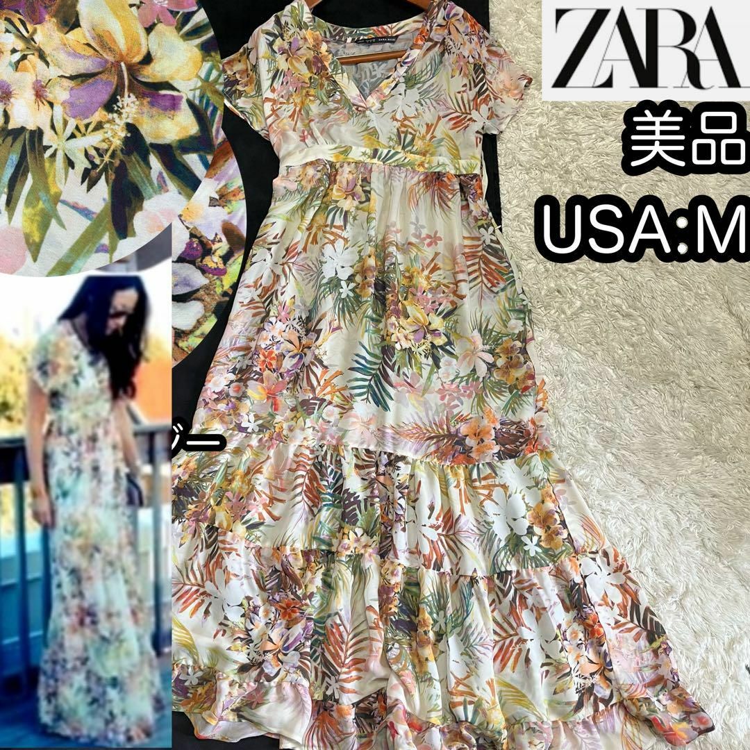 ZARA(ザラ)の美品【ZARA】南国プリントマキシワンピース USA:Ｍ ヤシの葉っぱ k レディースのワンピース(その他)の商品写真