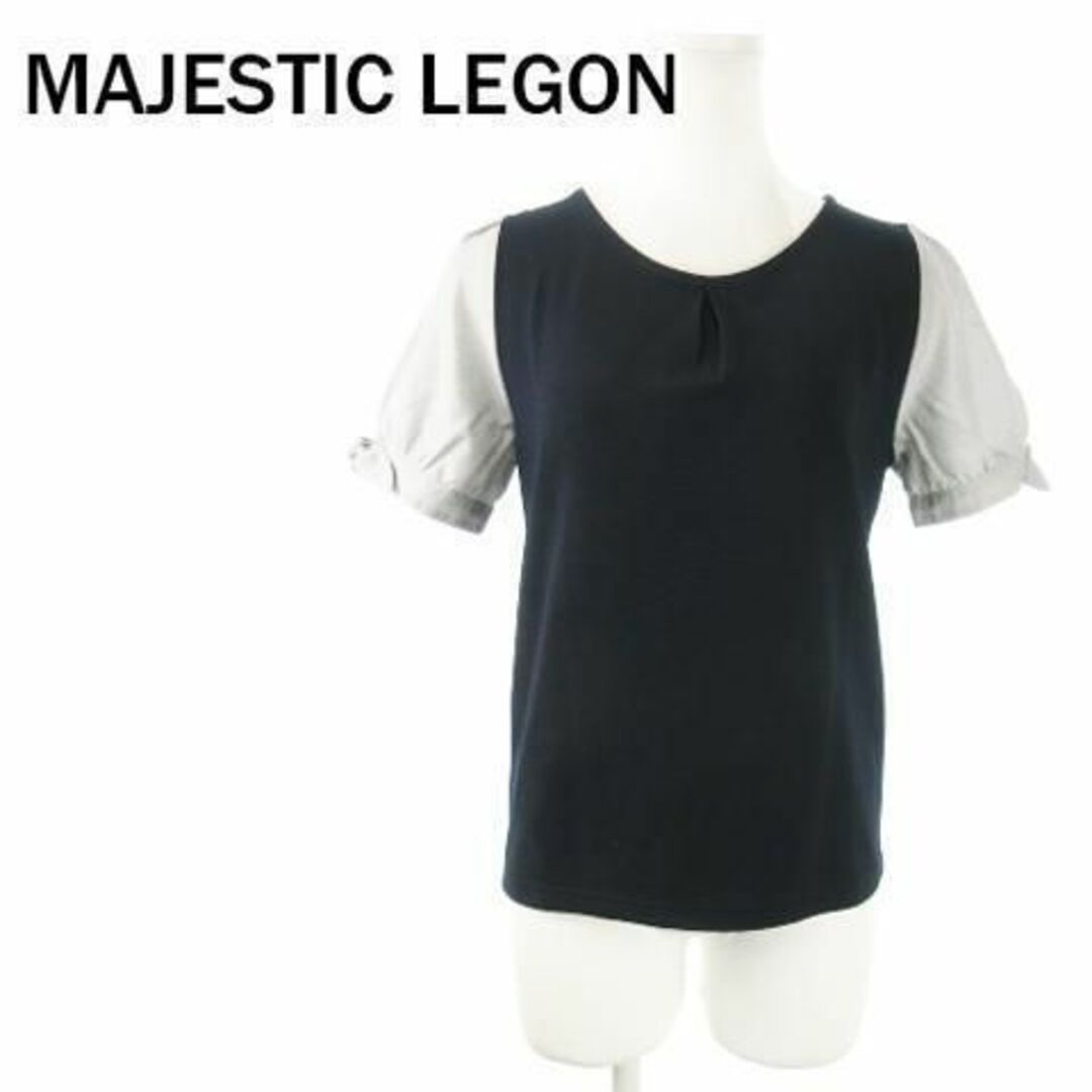 MAJESTIC LEGON(マジェスティックレゴン)のマジェスティックレゴン 半袖切替ブラウス リボン F 紺 230726AO21A レディースのトップス(シャツ/ブラウス(半袖/袖なし))の商品写真