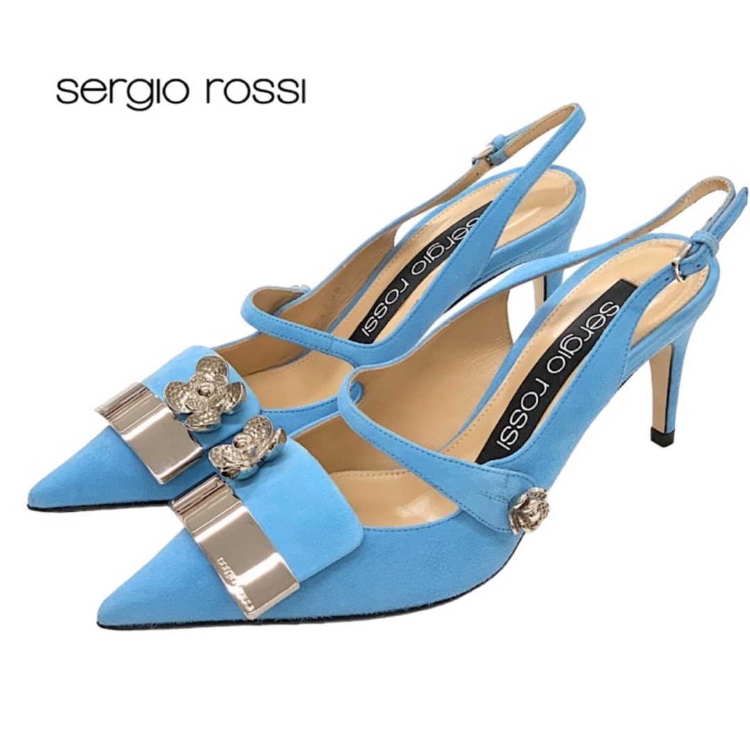 Sergio Rossi(セルジオロッシ)のセルジオロッシ sergio rossi パンプス 靴 シューズ スエード ライトブルー 未使用 サンダル sr1 フラワー プレート スリングバック レディースの靴/シューズ(ハイヒール/パンプス)の商品写真