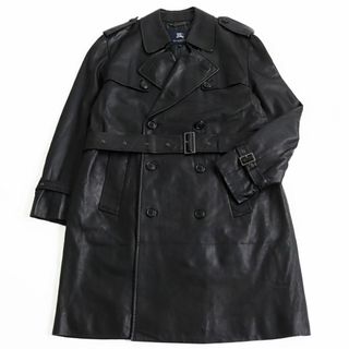 バーバリー(BURBERRY)の美品●バーバリーロンドン ラムレザー ベルト付き ロゴボタン ロング丈 裏地ロゴ入り オールレザートレンチコート ブラック M 正規品(トレンチコート)