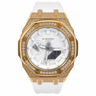 ジーショック(G-SHOCK)のG-SHOCK カシオーク GMA-S2100 ミドルサイズ メタル カスタム ホワイト文字盤 ラバーバンド CZダイヤ（キュービックジルコニア）ゴールドステンレス製 ホワイトベルト(腕時計(アナログ))