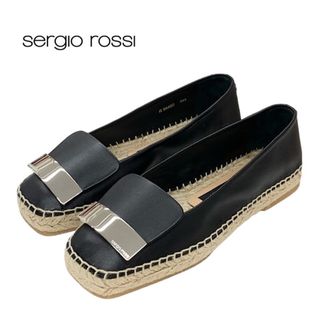 セルジオロッシ(Sergio Rossi)のセルジオロッシ sergio rossi sr1 Espadrillas フラットシューズ 靴 シューズ レザー ブラック 黒 シルバー 未使用 ロゴプレート エスパドリーユ(バレエシューズ)