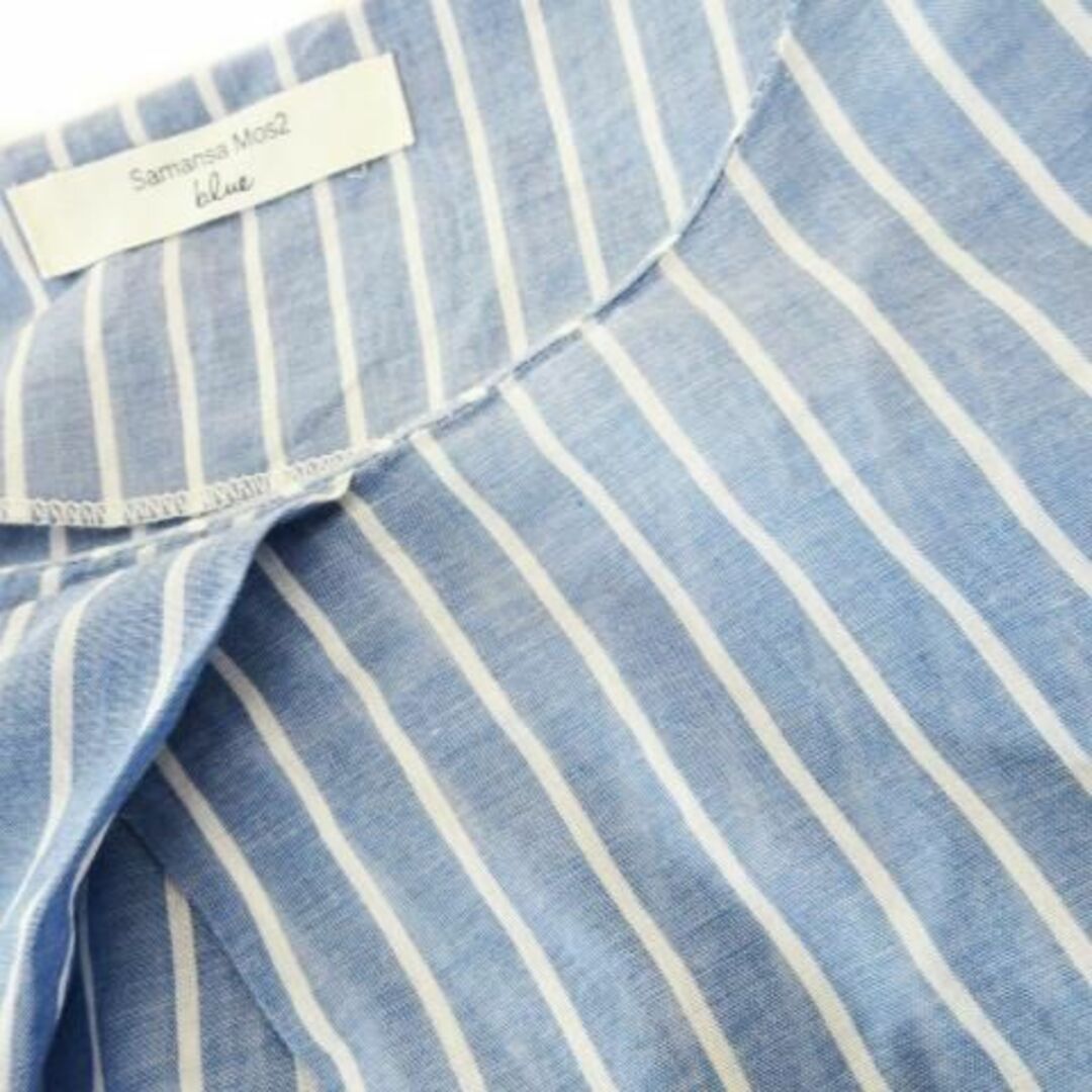 SM2(サマンサモスモス)のSM2 blue 袖リボンストライプブラウス F 青 230830CK22A レディースのトップス(シャツ/ブラウス(半袖/袖なし))の商品写真