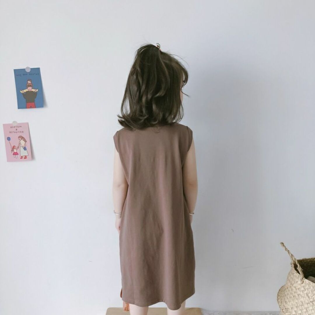 【送料無料】シャツワンピース 90cm キッズ 子供 ブラウン 女の子 シンプル キッズ/ベビー/マタニティのキッズ服女の子用(90cm~)(ワンピース)の商品写真