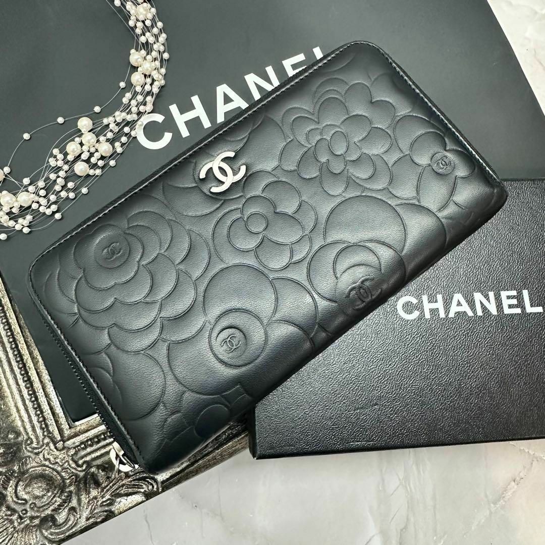 CHANEL(シャネル)の美品★CHANEL シャネル 長財布 カメリア ラムスキン ラウンドジップ 黒 レディースのファッション小物(財布)の商品写真