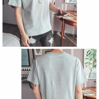 半袖Tシャツ メンズ Tシャツ T-shirt プリント ボーダー 丸首 薄手 (その他)