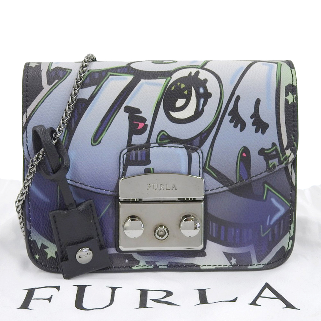 Furla(フルラ)の【本物保証】 布袋付 超美品 フルラ FURLA メトロポリス 柄入 チェーンショルダーバッグ  ショルダーポーチ 斜め掛け ブラック レディースのバッグ(ショルダーバッグ)の商品写真