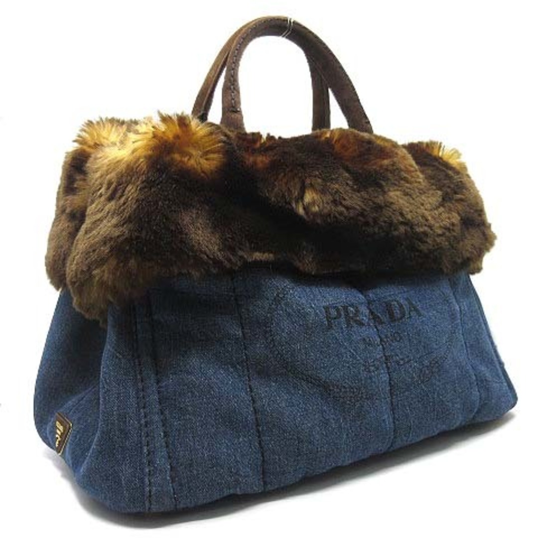 PRADA(プラダ)のプラダ カナパ デニム ファー ハンドバッグ トートバッグ BN2182 ブルー レディースのバッグ(トートバッグ)の商品写真