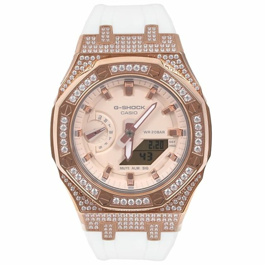 G-SHOCK(ジーショック)のG-SHOCK カシオーク GMA-S2100 ミドルサイズ メタル カスタム ローズゴールド ラバーバンド CZダイヤ（キュービックジルコニア）シルバー ステンレス製 ホワイトベルト メンズの時計(腕時計(アナログ))の商品写真