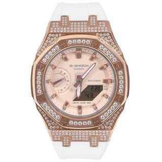ジーショック(G-SHOCK)のG-SHOCK カシオーク GMA-S2100 ミドルサイズ メタル カスタム ローズゴールド ラバーバンド CZダイヤ（キュービックジルコニア）シルバー ステンレス製 ホワイトベルト(腕時計(アナログ))