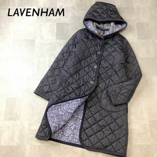 LAVENHAM キルティング フーディー コート 小花柄 ネイビー