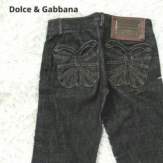 ドルチェアンドガッバーナ(DOLCE&GABBANA)の美品　ドルチェ&ガッバーナ　バタフライ　刺繍　デニム　大きいサイズ　XL　黒(デニム/ジーンズ)