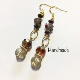 デザインガラス×リング  ブラウン ゴールド ロング ピアス(ピアス)