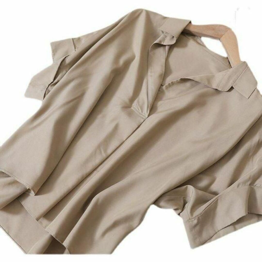 シルキー シャツ ブラウス 半袖 2XL ブラウン レディース 春 夏 レディースのトップス(シャツ/ブラウス(半袖/袖なし))の商品写真