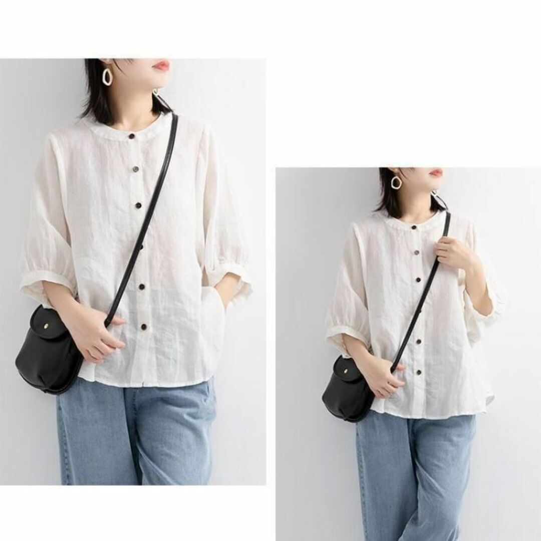 春 夏 XL リネンシャツ 白 ランタンスリーブ レトロアート ゆったり レディースのトップス(シャツ/ブラウス(半袖/袖なし))の商品写真