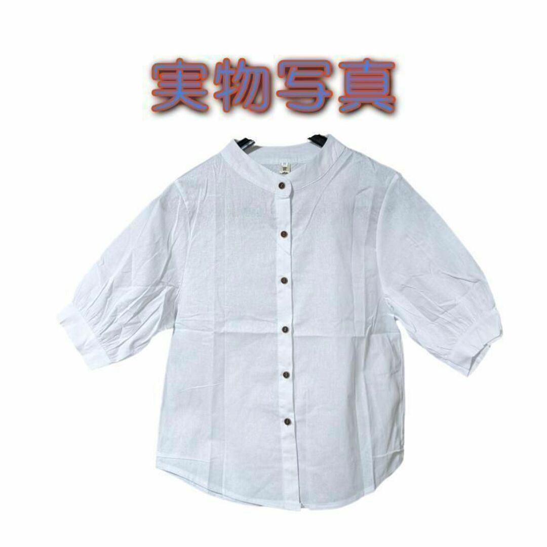 春 夏 XL リネンシャツ 白 ランタンスリーブ レトロアート ゆったり レディースのトップス(シャツ/ブラウス(半袖/袖なし))の商品写真