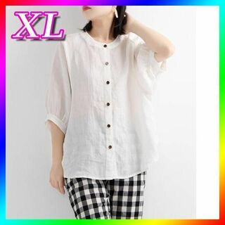 春 夏 XL リネンシャツ 白 ランタンスリーブ レトロアート ゆったり(シャツ/ブラウス(半袖/袖なし))
